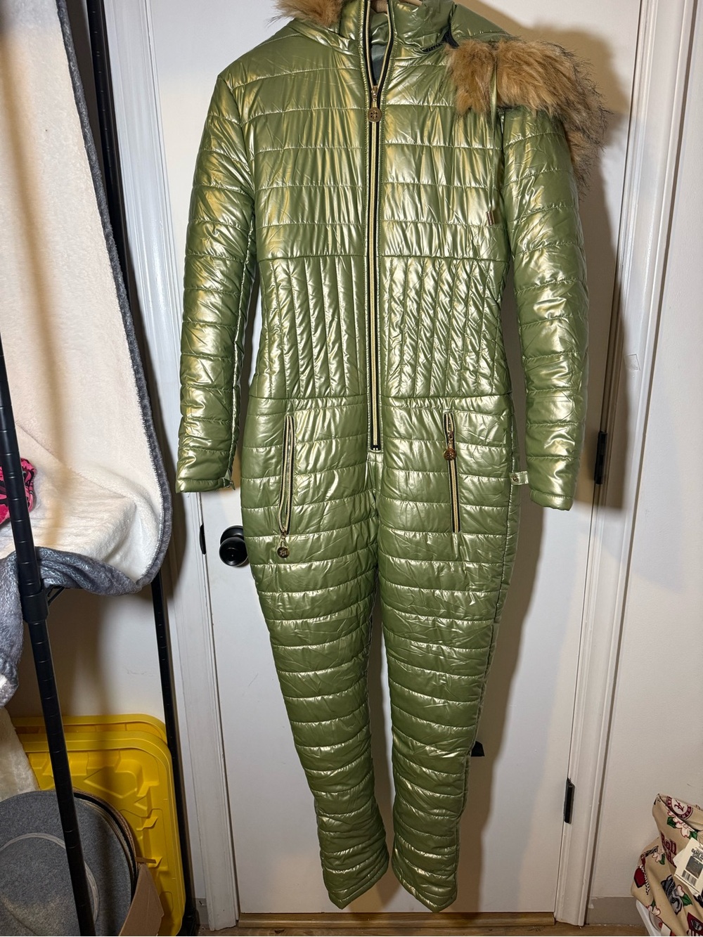 Olive Green Quilted Puffer One-Piece Jumpsuit with Fur Trim